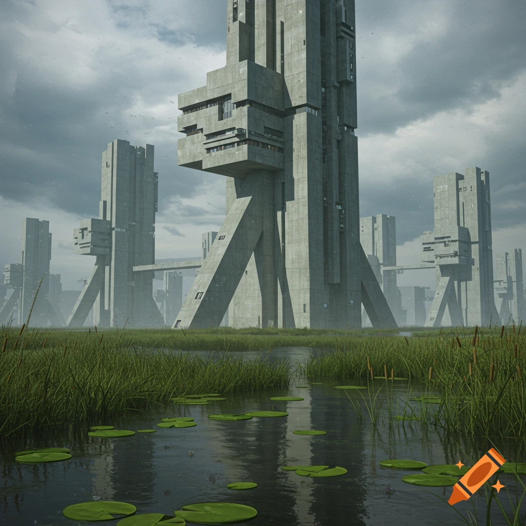 A futuristic brutalist city with tall concrete buildings on stilts in a swamp with lily pads under a cloudy sky.