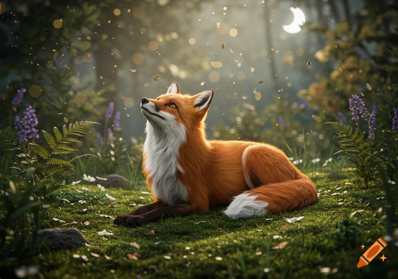 A red fox with white chest and tail tip lies on green grass, looking up at glowing particles and a crescent moon in a magical forest.