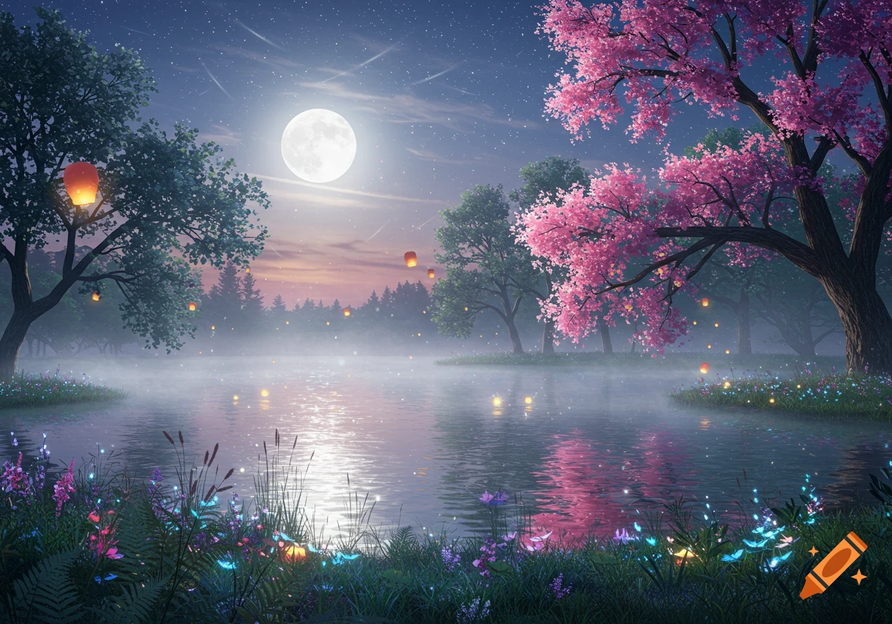 A magical night landscape with a full moon over a misty lake, surrounded by cherry blossom trees, glowing lanterns, and luminous plants.