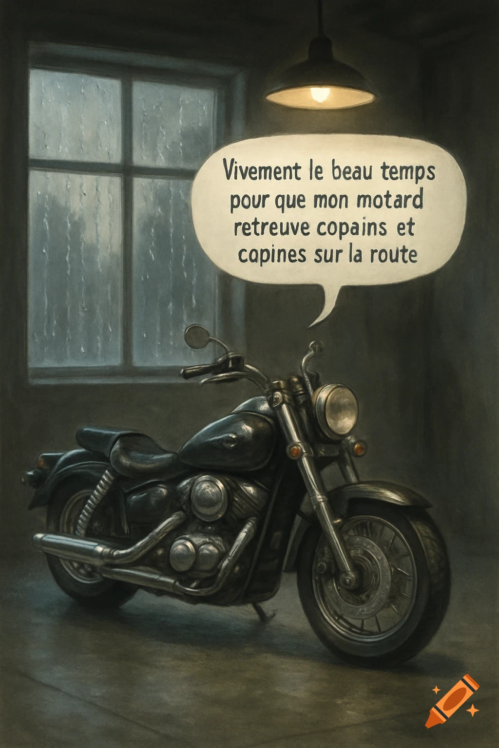 Painterly image of a black motorcycle in a dimly lit garage, with rain streaking a window. A speech bubble contains French text.