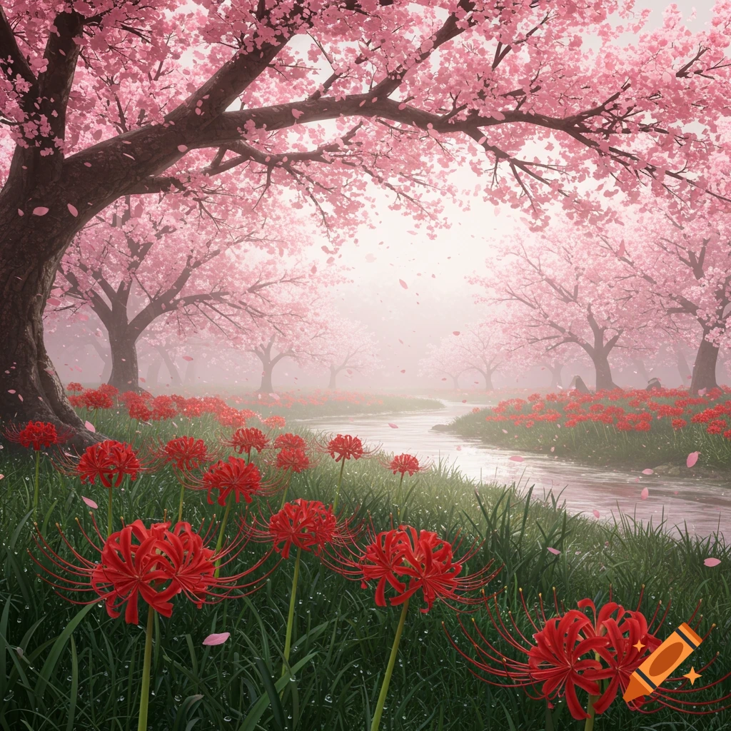 Vibrant red spider lilies and pink cherry blossom trees bloom along a winding stream in a serene, misty landscape.