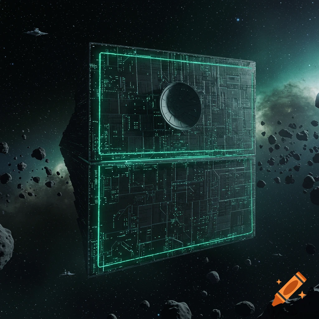 A massive square futuristic space station with glowing green outlines and a central dish, surrounded by asteroids in deep space.