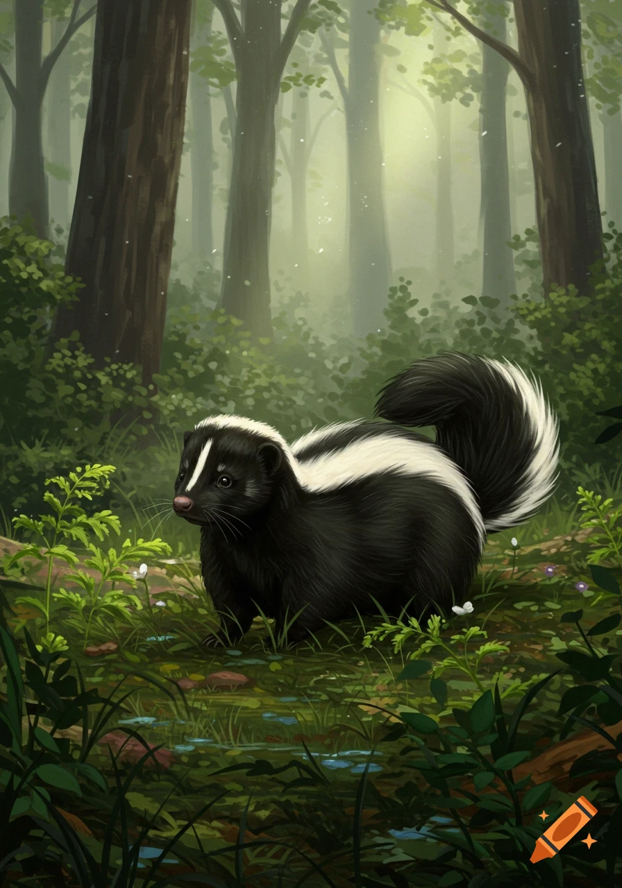 A black and white skunk stands in a lush, misty forest with tall trees and green foliage, illustration.