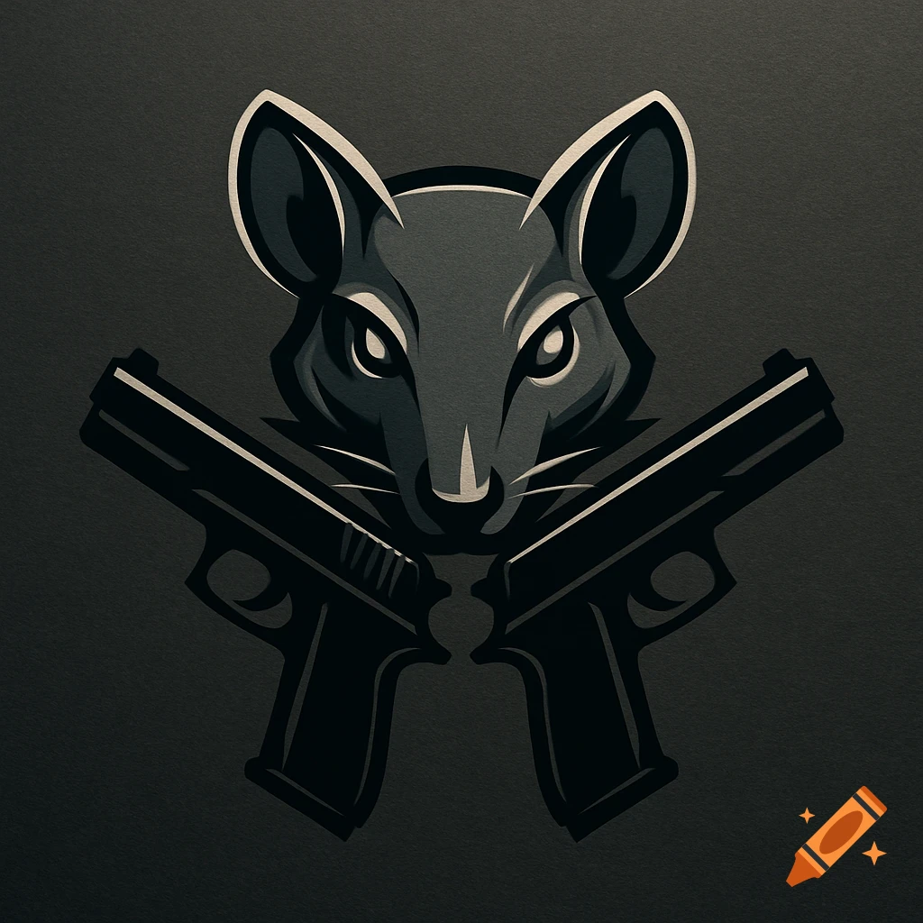 A stylized grey rat head logo with two black guns crossed beneath it on a dark background.
