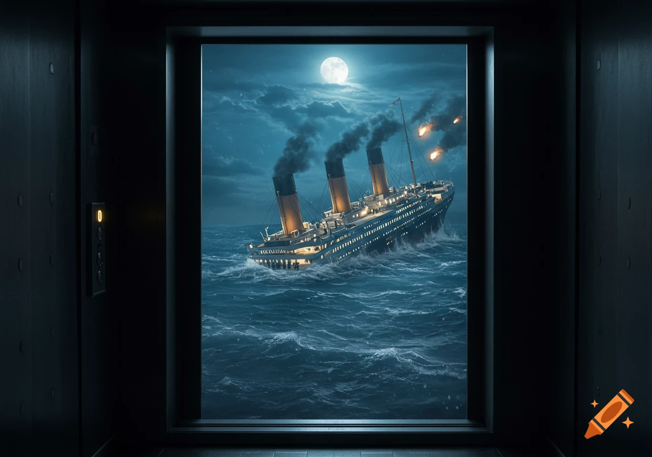 A surreal view from a dark elevator door showing the Titanic sinking in a stormy sea under a full moon.