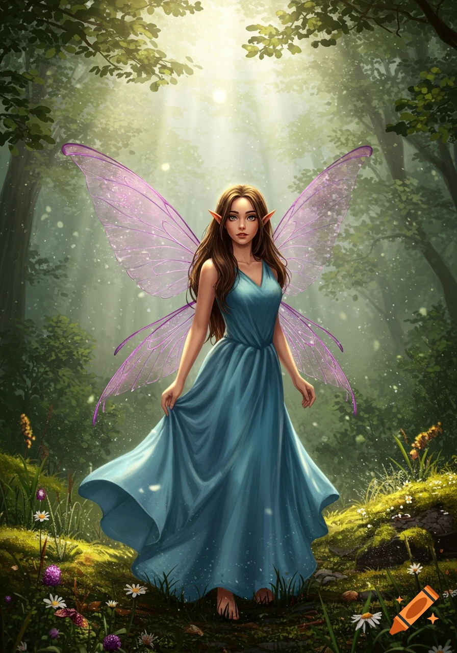 A beautiful Fae girl with long brown hair and purple wings, wearing a long blue dress, stands in a sunlit, enchanted forest.
