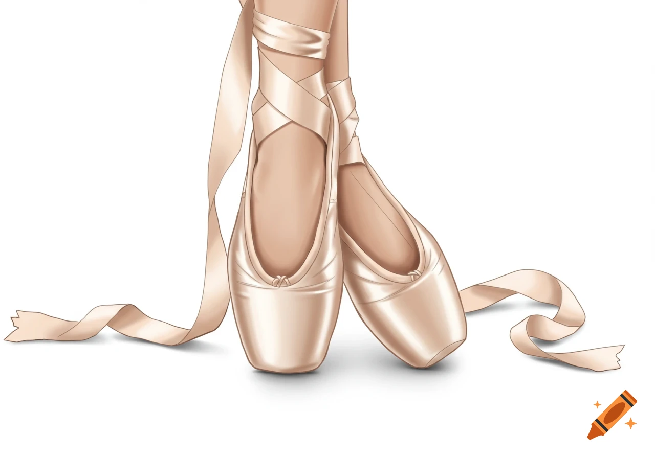 Illustration of two ballet pointe shoes with ribbons on a white background.