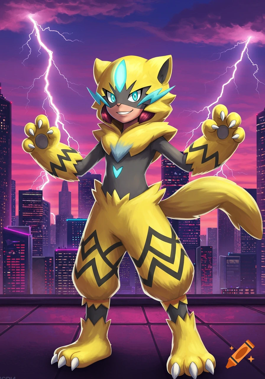 Anime girl in a yellow and black Zeraora costume posing on a city rooftop with purple lightning in the sky.