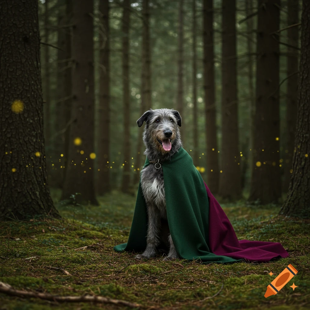 A photorealistic gray Scottish Deerhound dog in a green and burgundy cloak sits on mossy ground in a dark, magical forest with glowing fireflies.