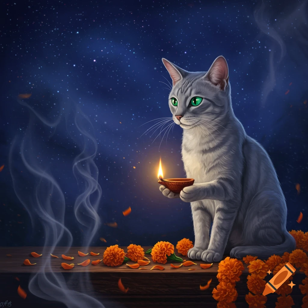 A grey tabby cat with bright green eyes holds a lit diya lamp on a wooden table with orange marigold flowers under a starry night sky.