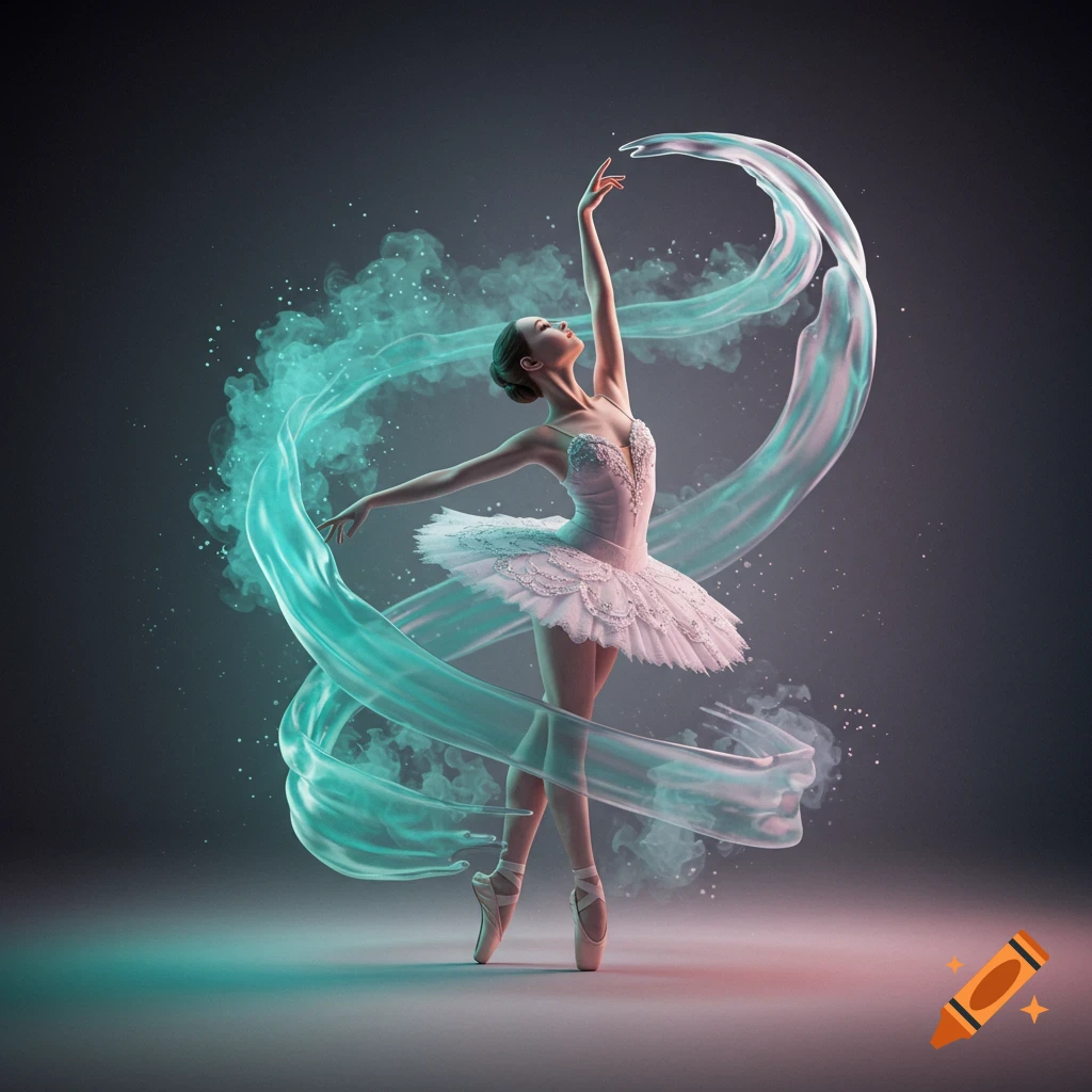 An elegant ballerina dances en pointe, surrounded by a swirling, glowing teal ribbon against a dark background.