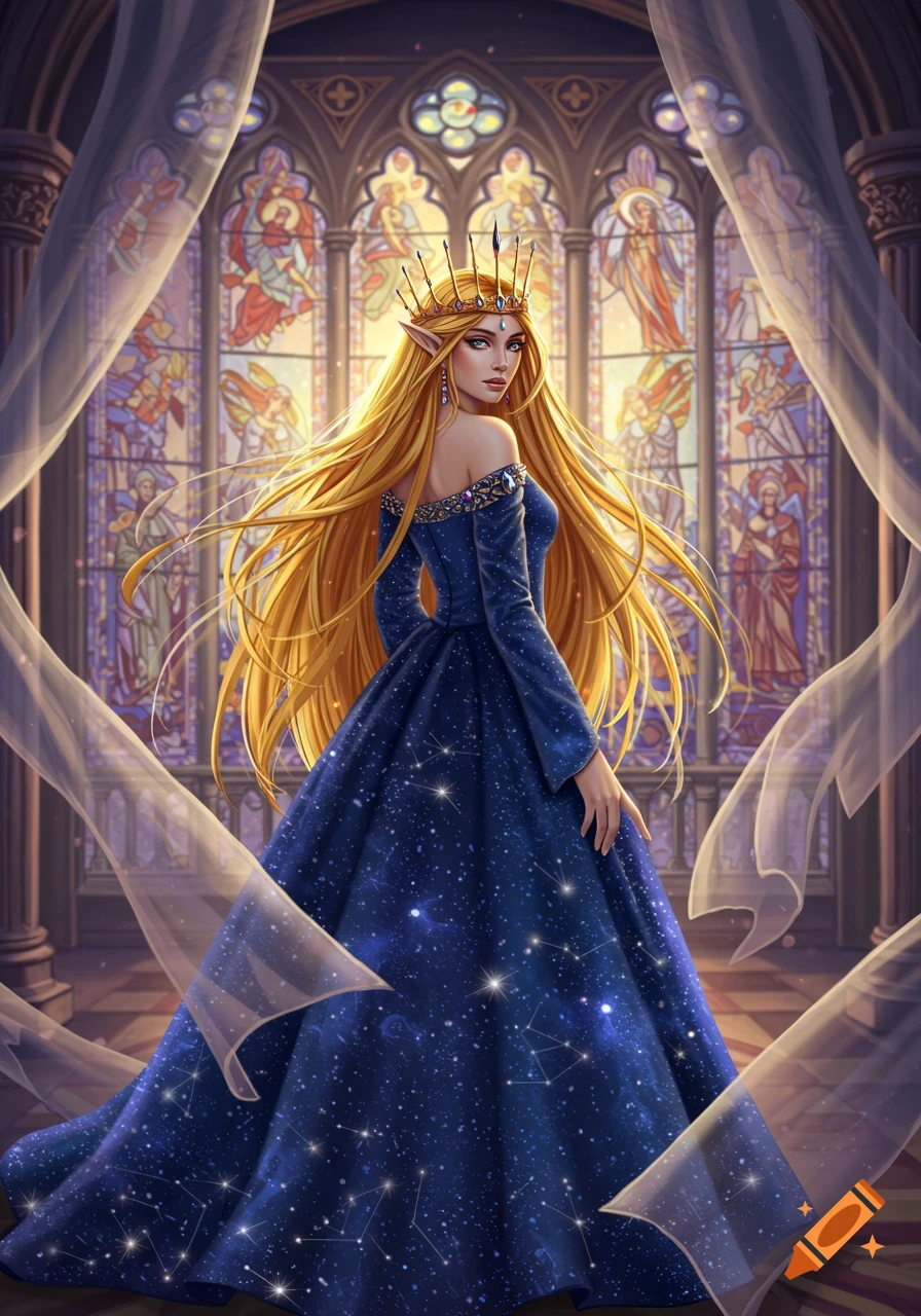 An elegant elf queen with long golden hair and a starry blue gown stands before ornate stained glass windows in a gothic setting.