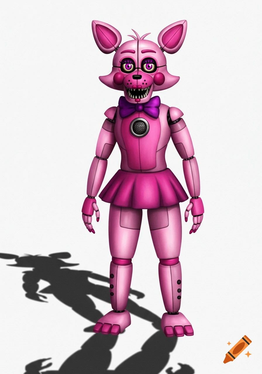 A full-body view of a pink animatronic fox with purple eyes and bow tie, wearing a skirt, casting a shadow on a white background.