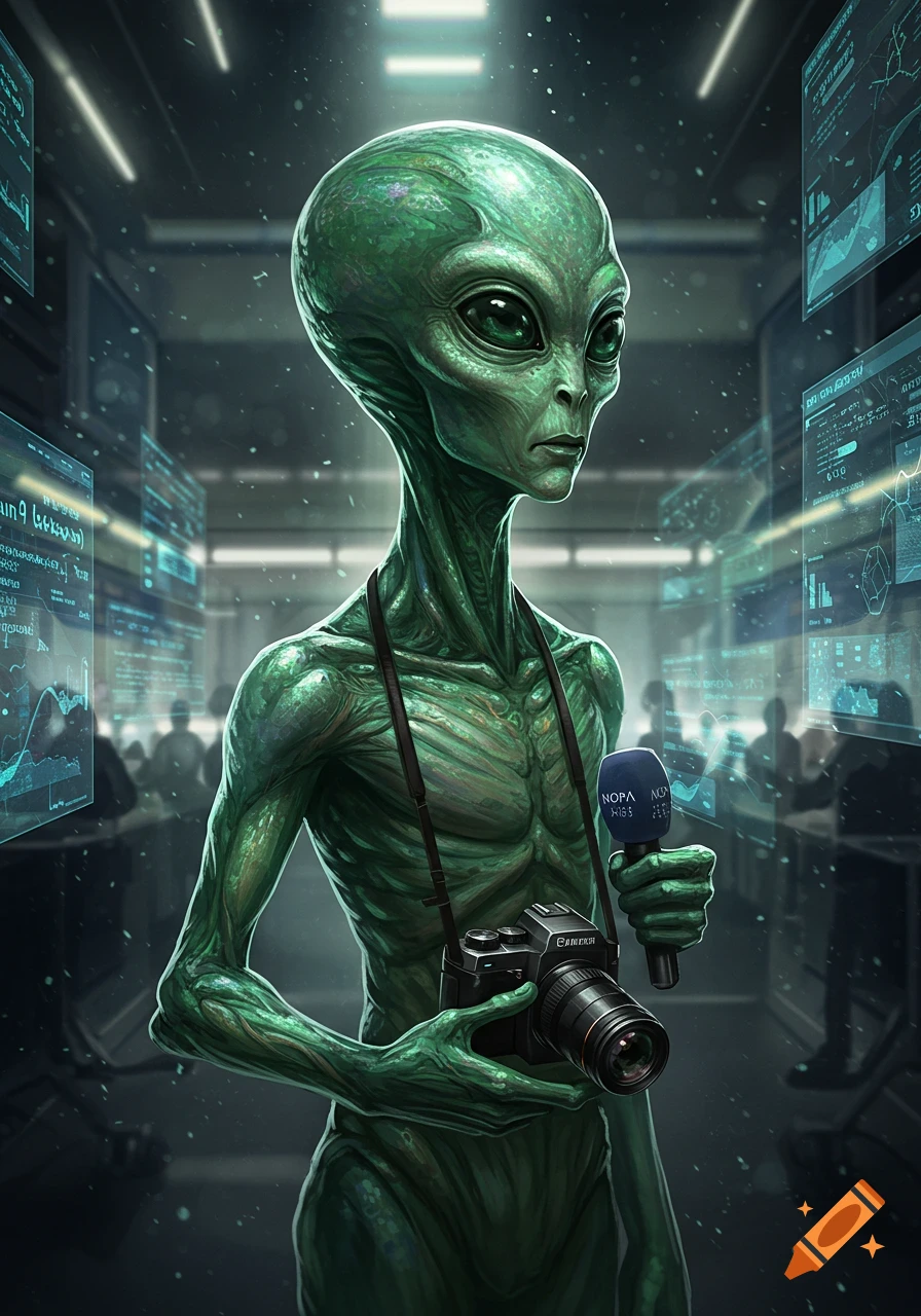 A detailed green-skinned alien journalist holding a microphone and camera, standing in a futuristic control room with holographic screens.