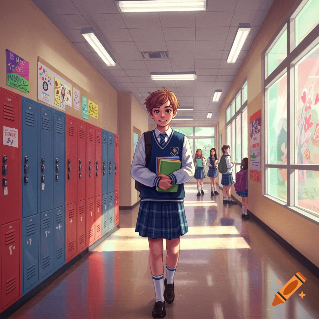 A smiling anime high school student walks down a hallway lined with lockers and posters, with other students in the background.