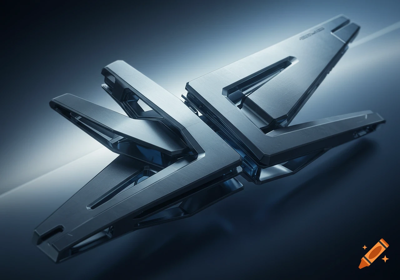 Abstract, futuristic metallic sculpture with sharp angles and glowing blue highlights against a dark, reflective background.