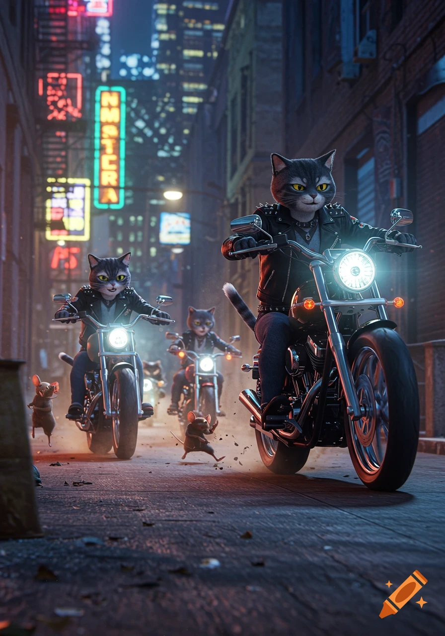 Anthropomorphic cats on motorcycles chase mice through a neon-lit city alley at night in a photorealistic style.