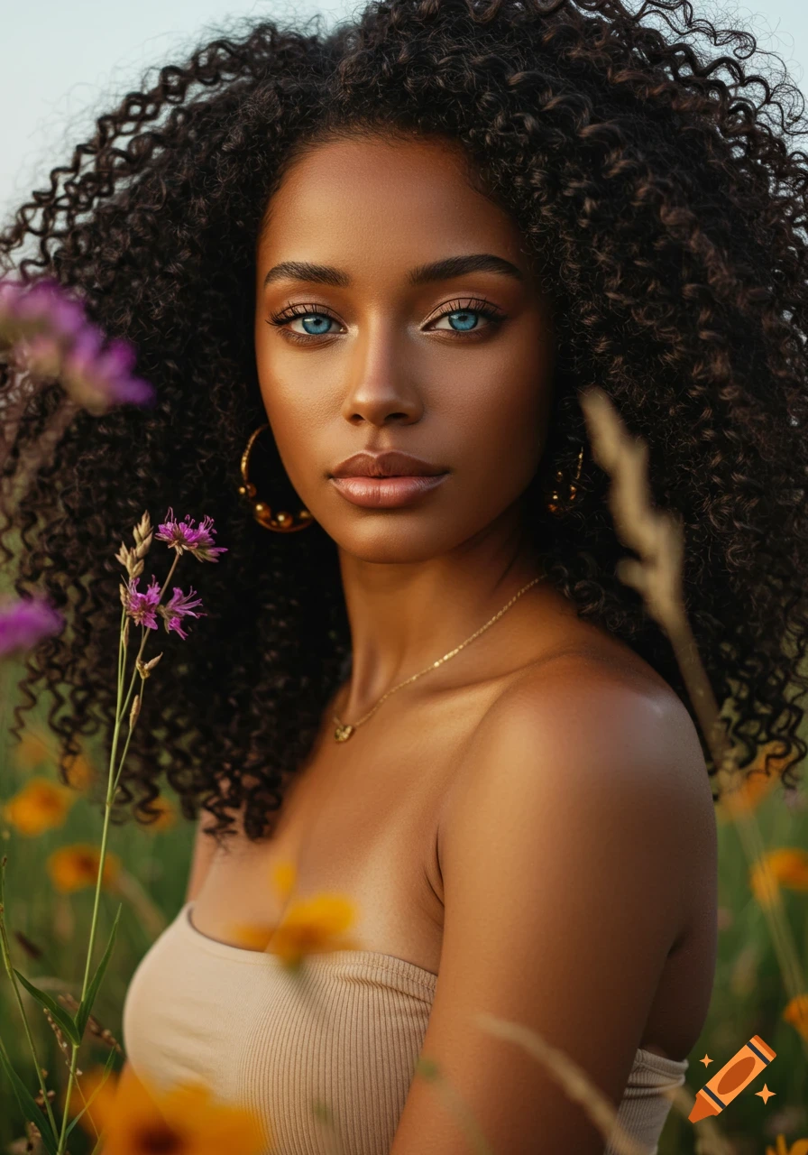 Photorealistic portrait of a young woman with dark curly hair and bright blue eyes, in a field of flowers.