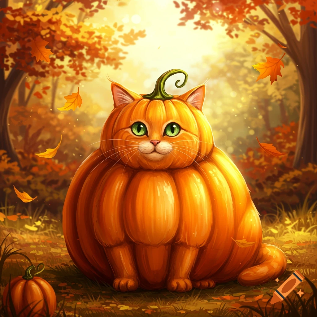 A cute, plump orange cat shaped like a pumpkin with green eyes sits in an autumn forest with falling orange leaves.