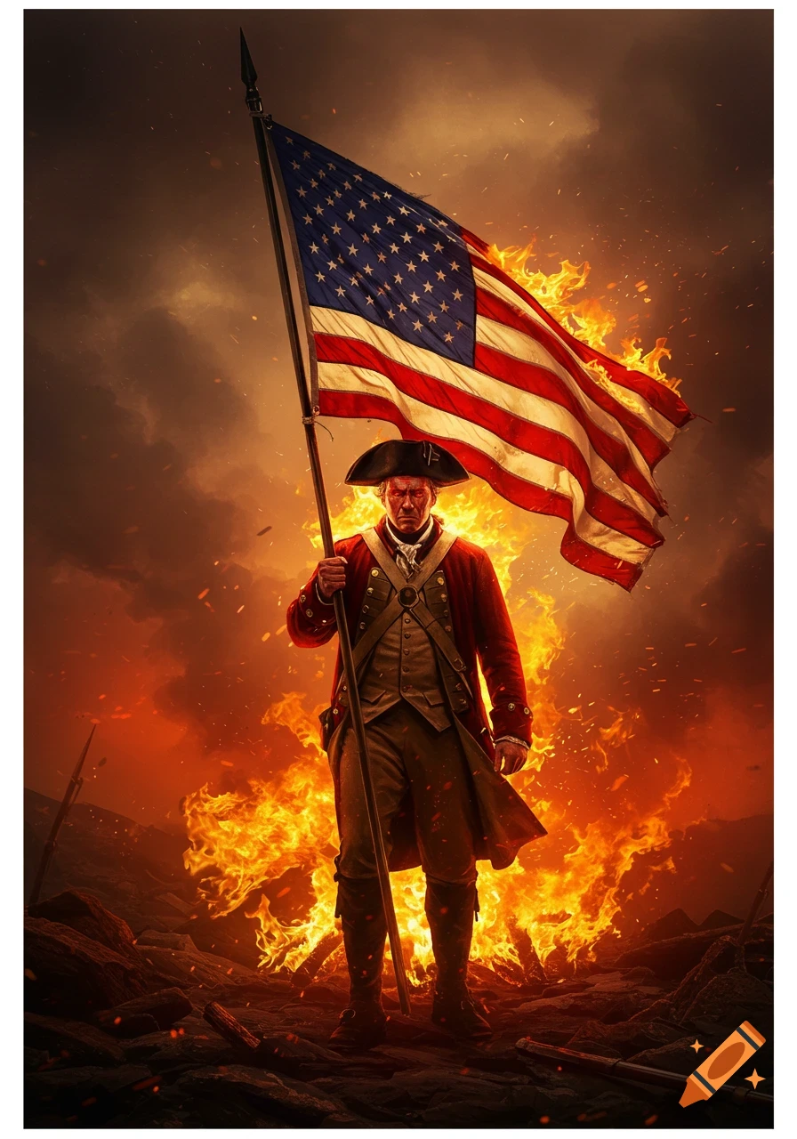 A determined Revolutionary War Patriot holds a large US flag before a dramatic, fiery, and smoky battlefield.