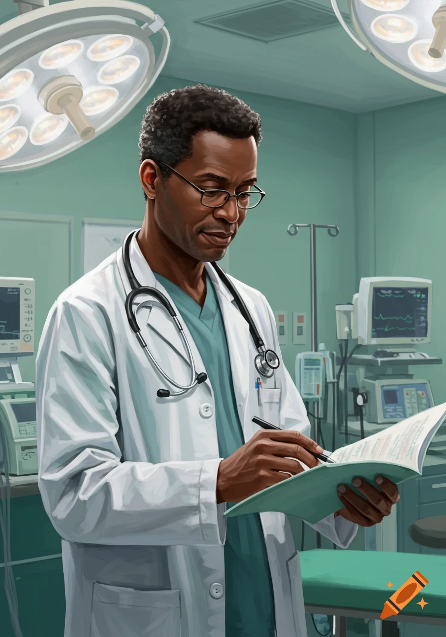 A digitally painted Black doctor in a white coat and stethoscope, reviewing a file in an operating room.