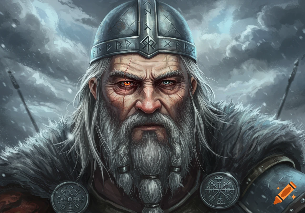 Digital painting of an old, scarred Viking-like man with white hair, a runic helmet, and heterochromatic eyes (one glowing orange).