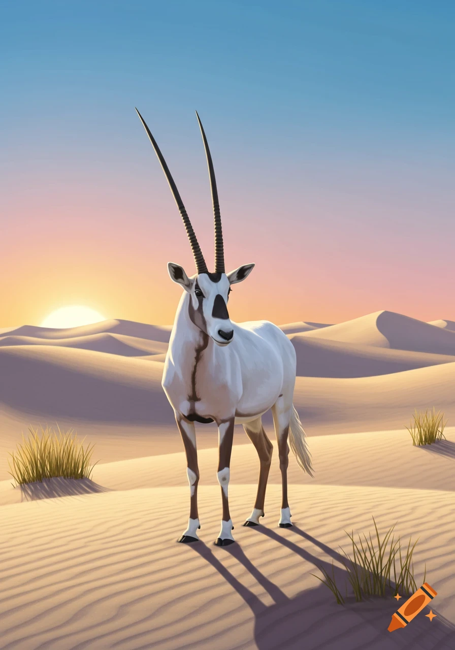 A majestic white oryx with long black horns stands in a sandy desert with dunes at sunset.