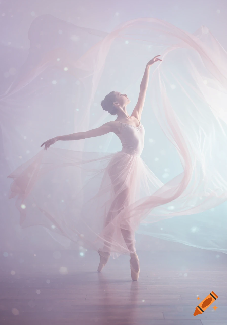 A graceful ballerina in a pink leotard and flowing veil dances on pointe in an ethereal, dreamlike setting with bokeh lights.