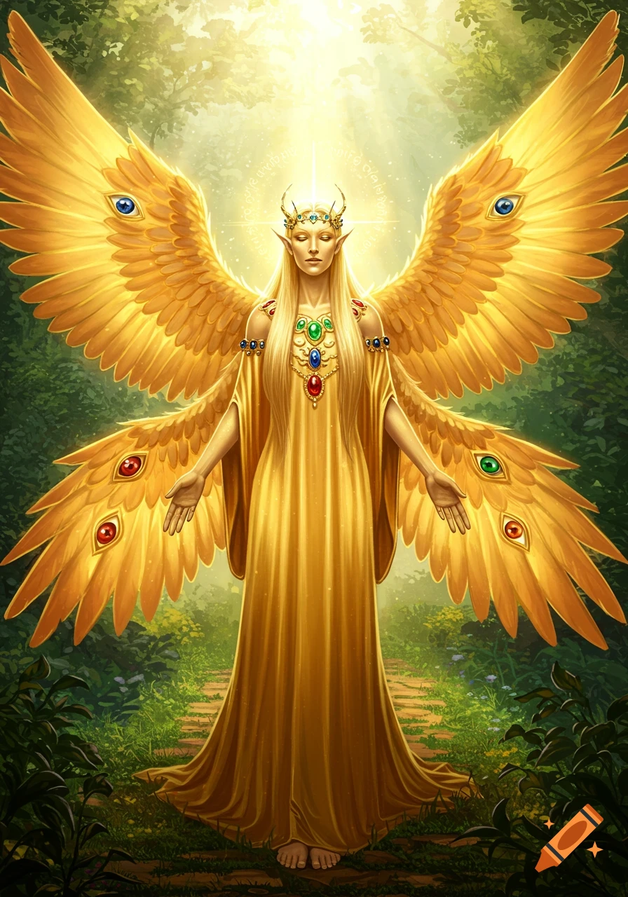 An ethereal angelic being with golden wings covered in multi-colored eyes, wearing ornate golden robes and a crown, stands in a lush, sunlit forest.