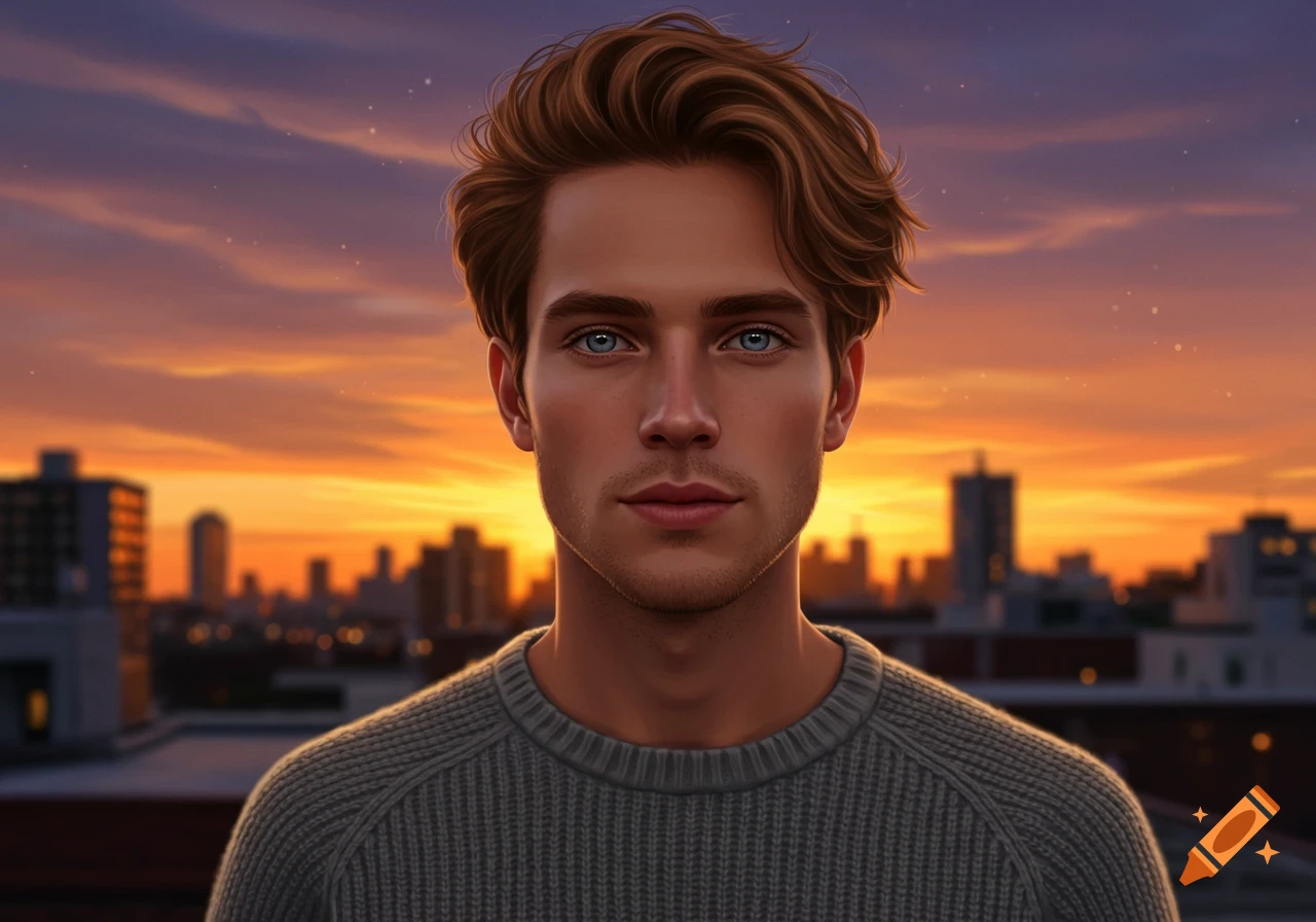 Digital painting of a young man with light brown hair and blue eyes, wearing a gray sweater, against a city skyline at sunset.