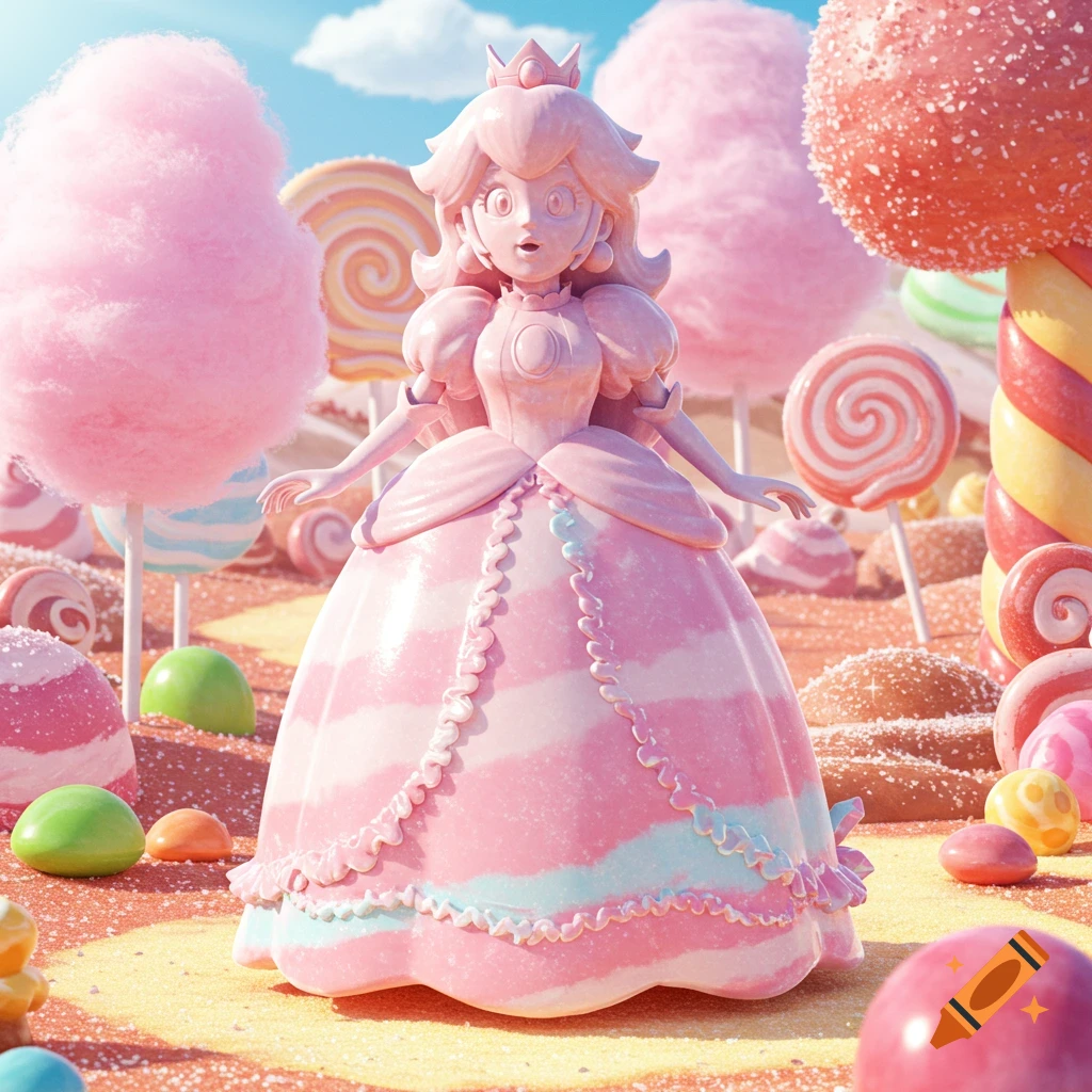 Princess Peach as a surprised pink candy statue in a vibrant candy land with lollipops and cotton candy trees.