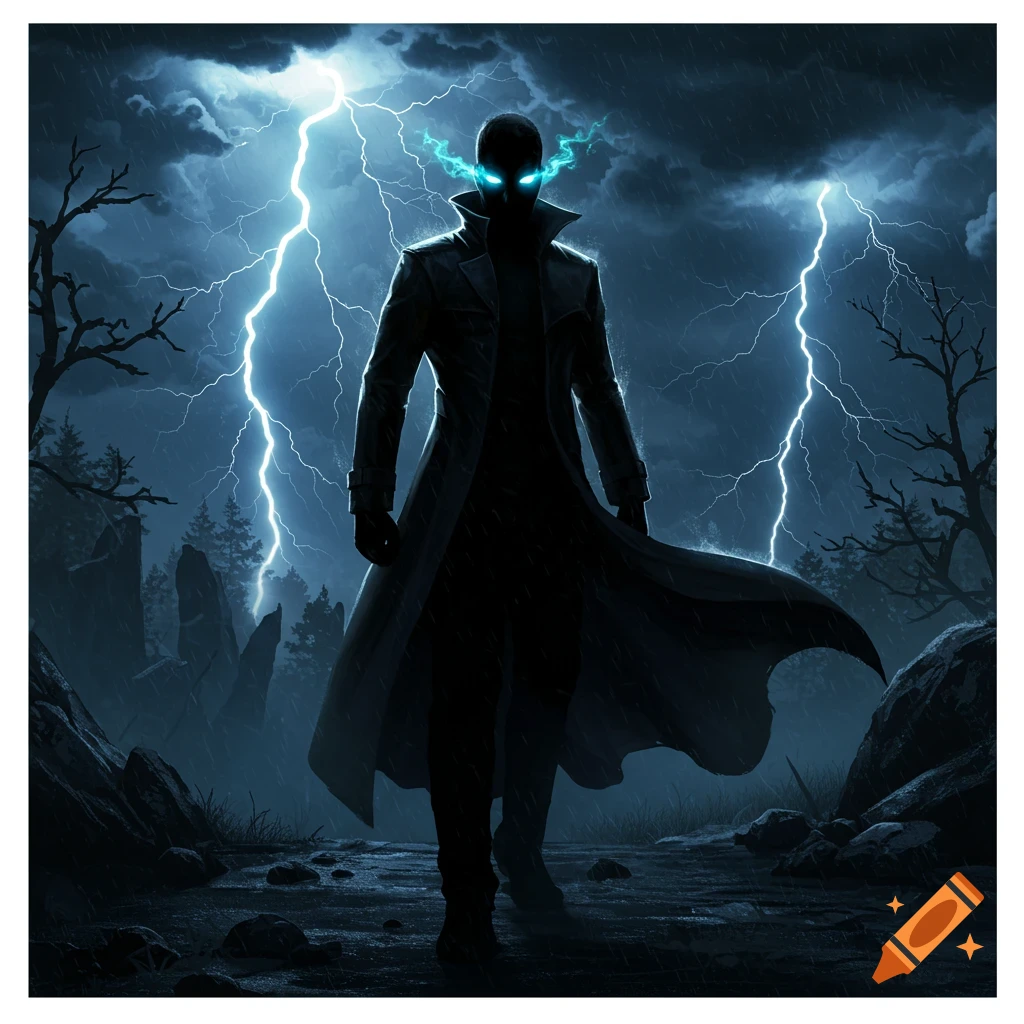 A dark, cloaked figure with glowing blue eyes stands in a stormy, rainy forest as lightning strikes, in a dark fantasy art style.