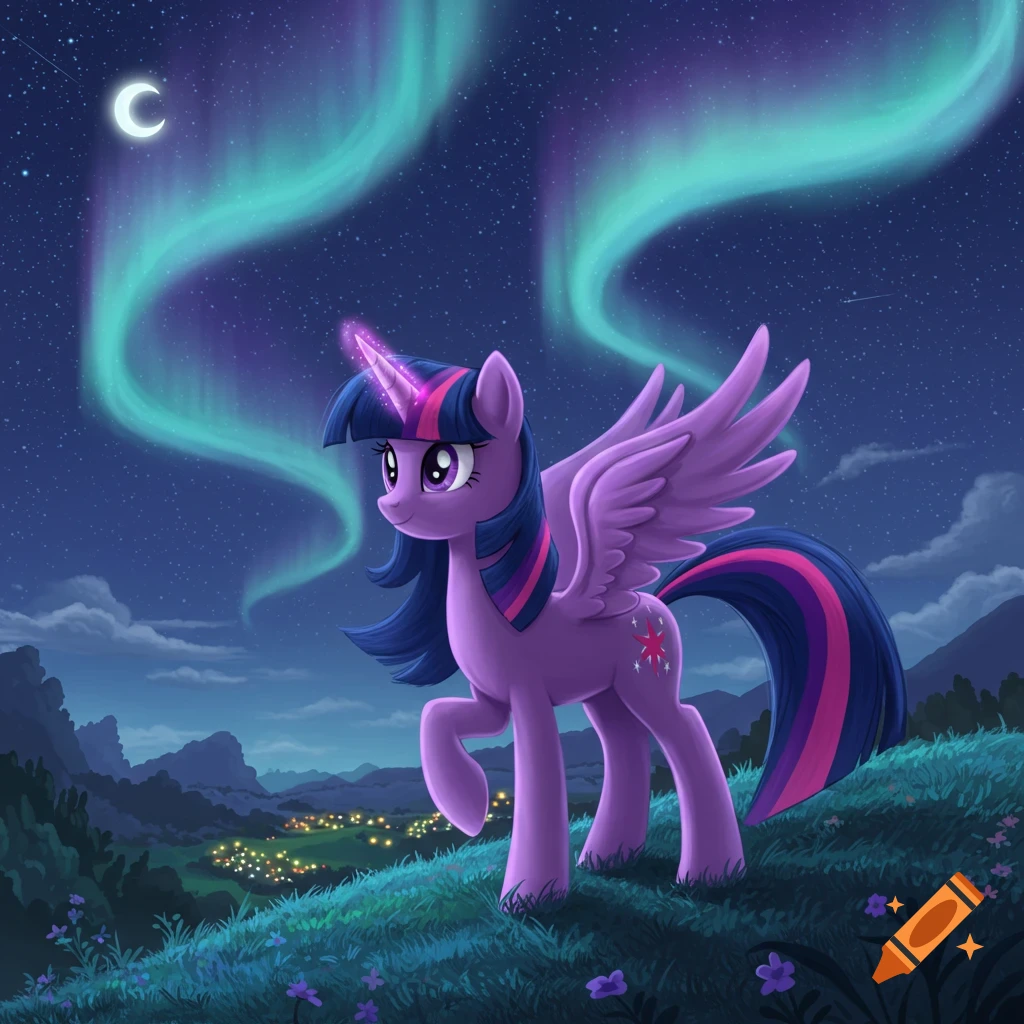 Purple alicorn Twilight Sparkle stands on a hill under an aurora-lit night sky with a crescent moon and a glowing town in the background.