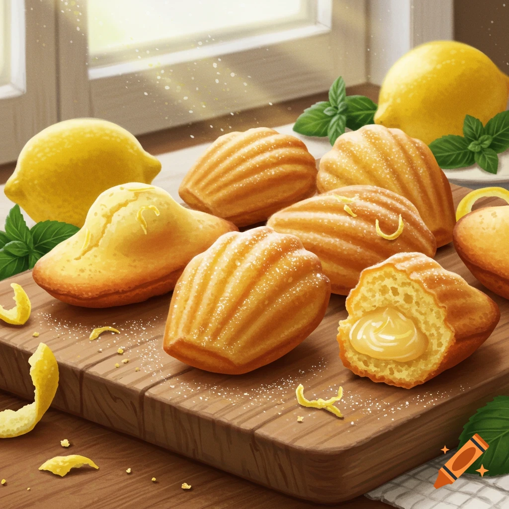 Stylized illustration of lemon madeleine cakes, some powdered, one with creamy filling, surrounded by lemons, zest, and mint on a wooden board.