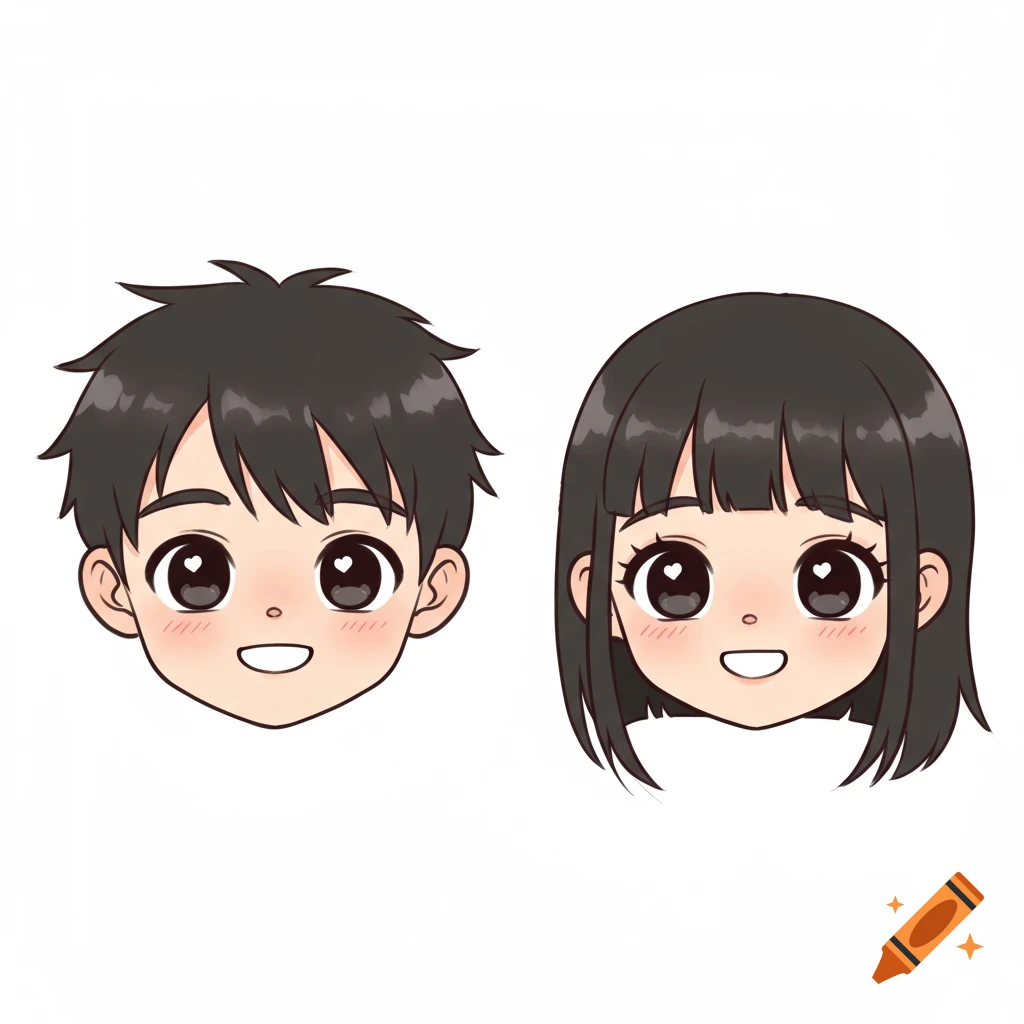 Two cute chibi-style heads, a boy and a girl, with dark hair, wide eyes with heart-shaped reflections, and smiles, on a white background.