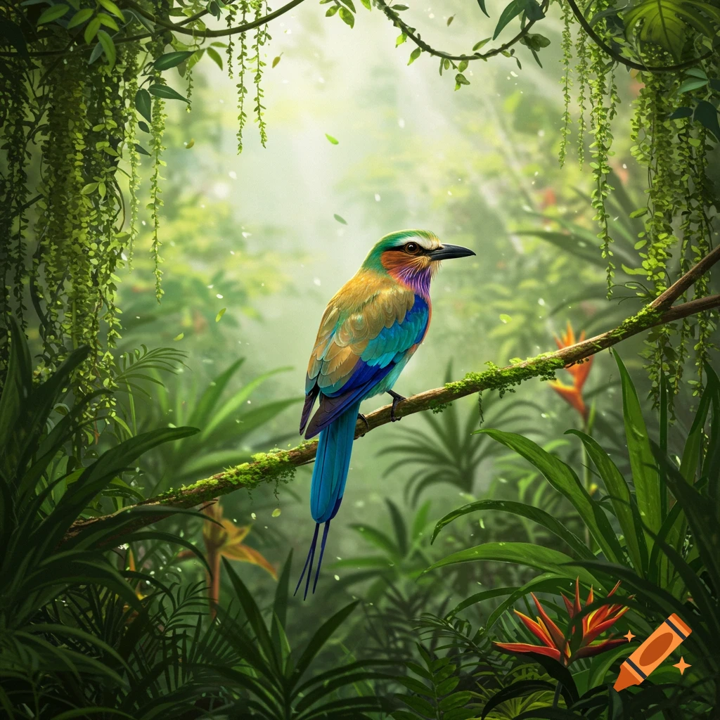 A vibrantly colored bird with green, blue, and purple plumage perches on a mossy branch in a lush, sun-dappled jungle.