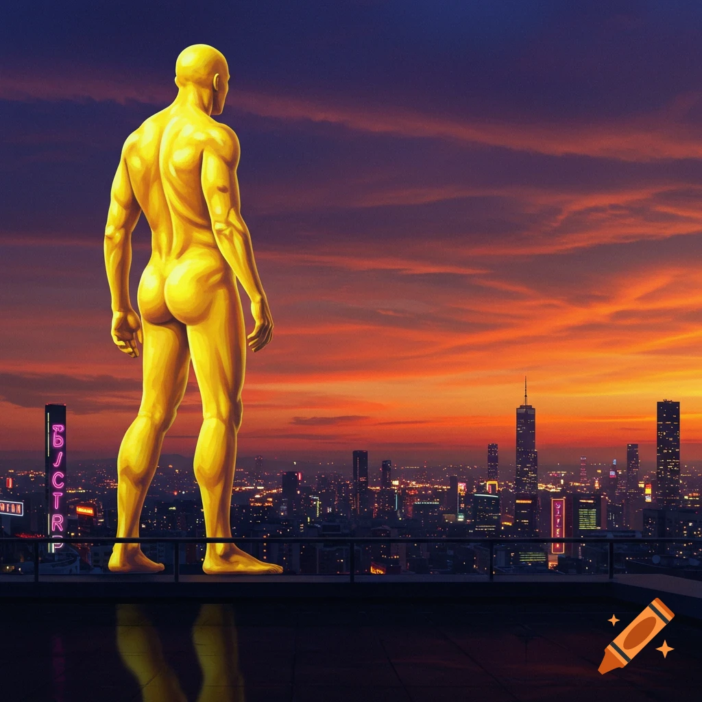A giant golden muscular man stands on a rooftop, back to the viewer, overlooking a vibrant city at sunset.