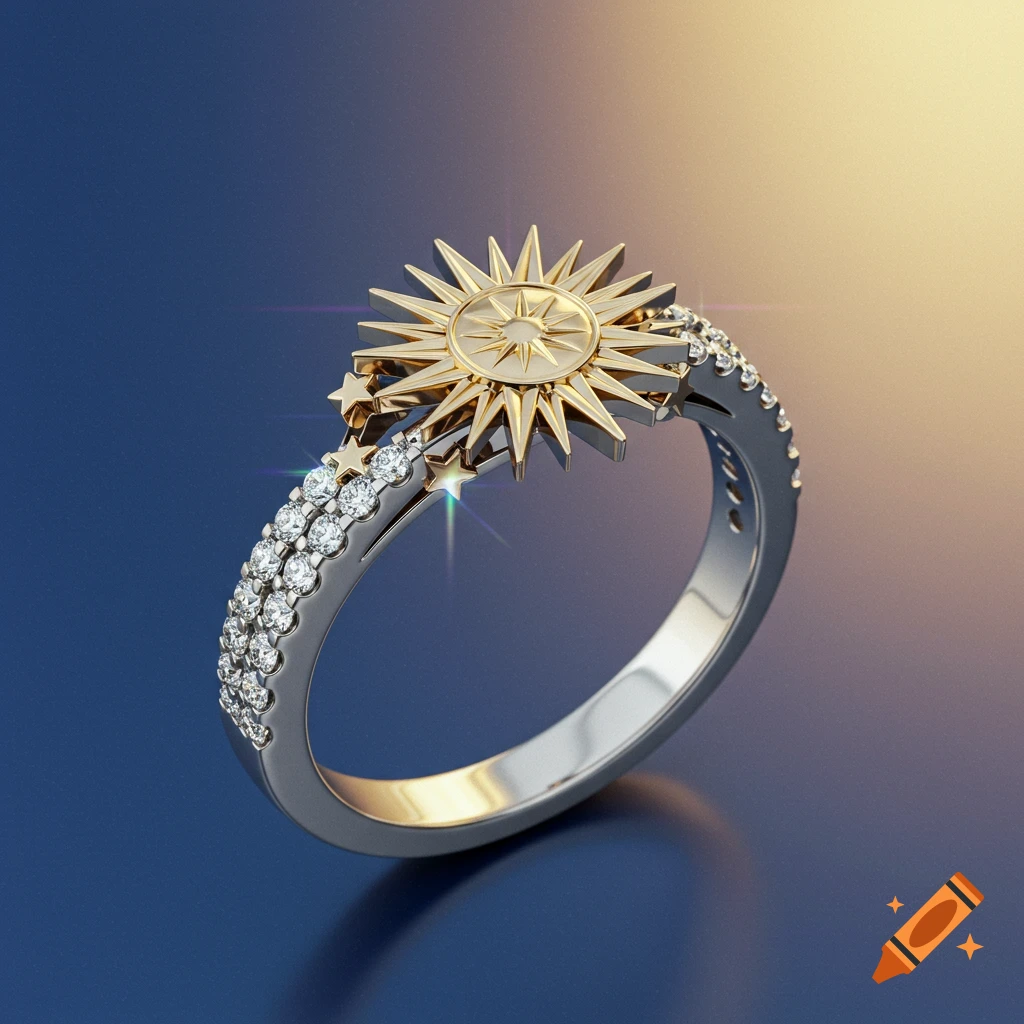 A gold and silver engagement ring with a central sunburst design, flanked by two rows of diamonds.