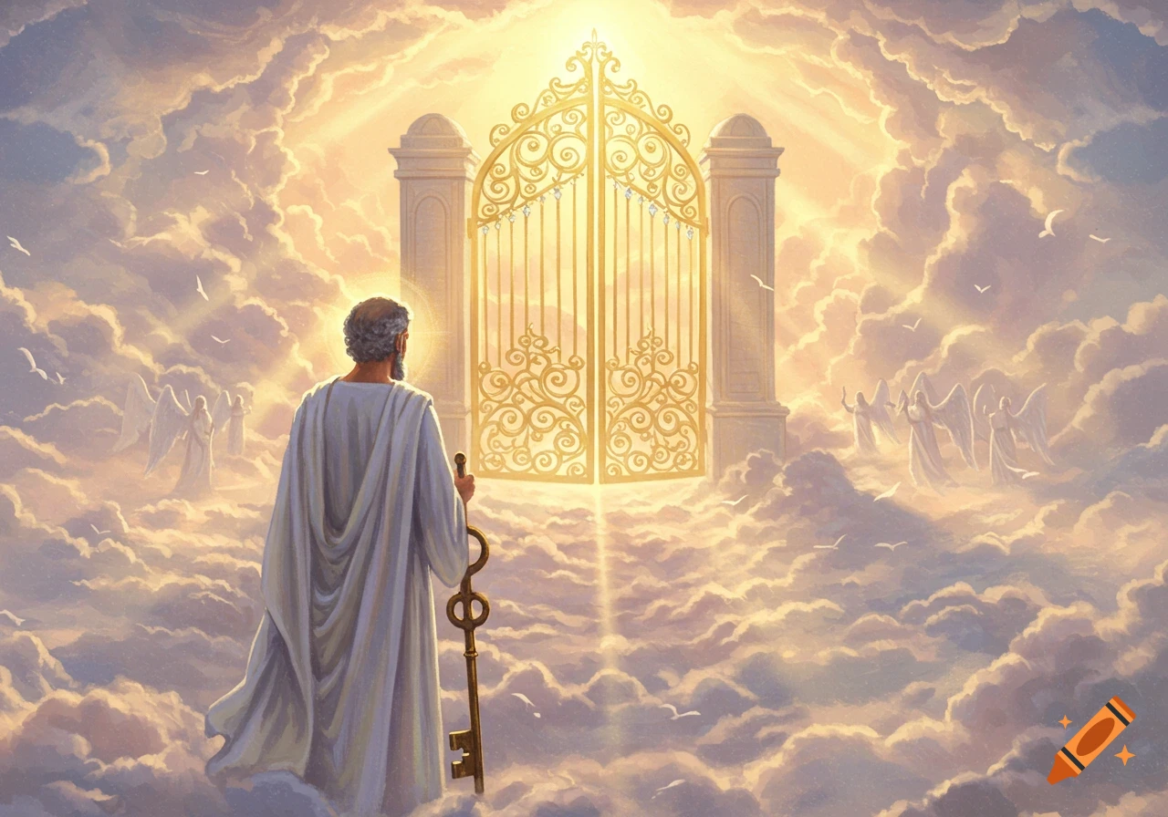 Saint Peter, holding a large key, stands before ornate golden gates amidst glowing clouds and distant angels in a heavenly setting.