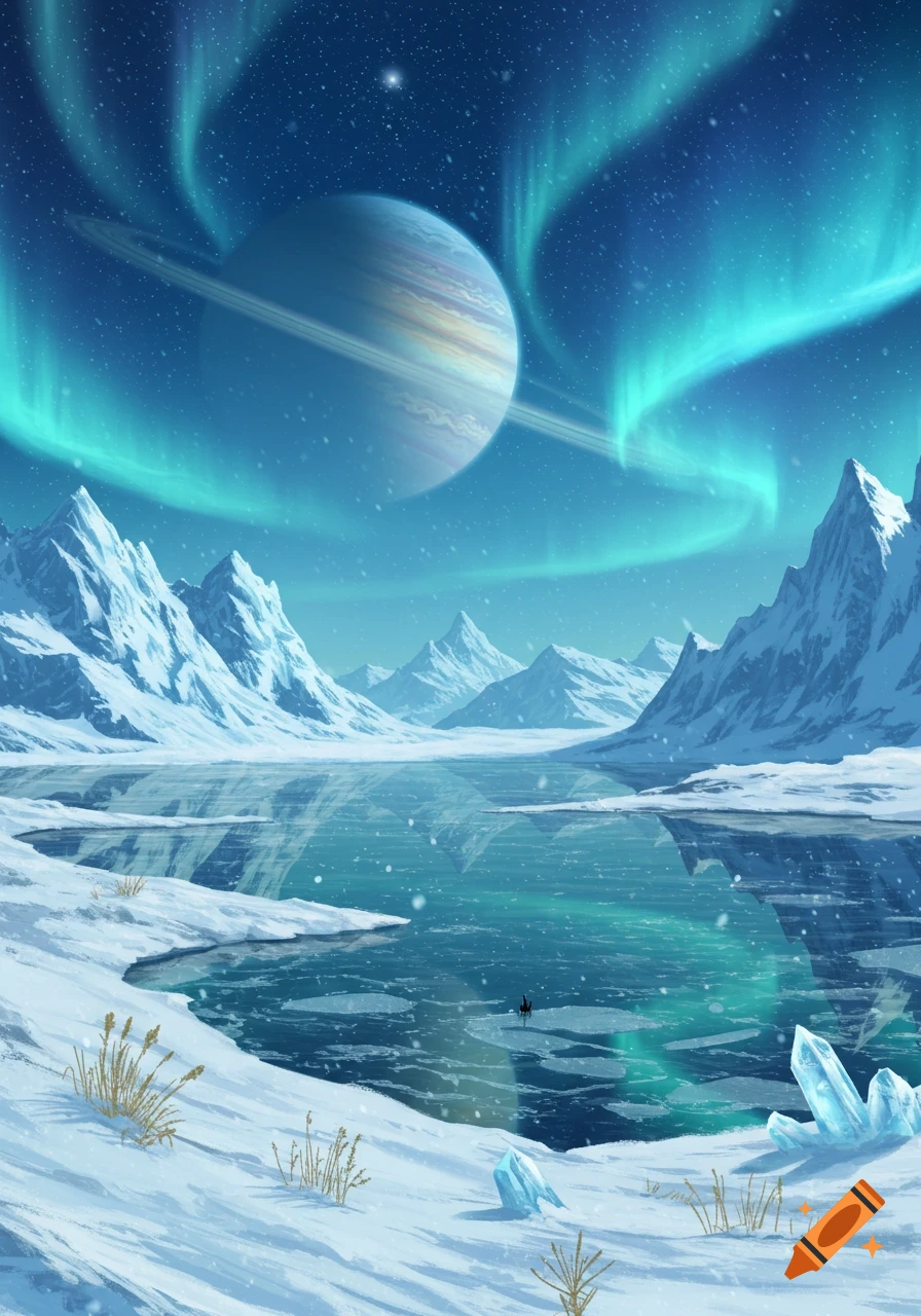 A vibrant arctic landscape under an aurora-lit sky, with snow-capped mountains, a frozen lake, and a ringed planet.