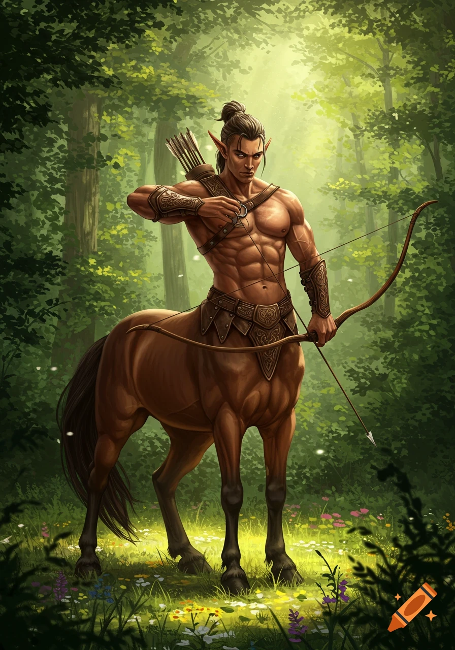 A muscular male centaur with elf ears, holding a bow and arrows, stands in a lush green forest clearing with wildflowers.