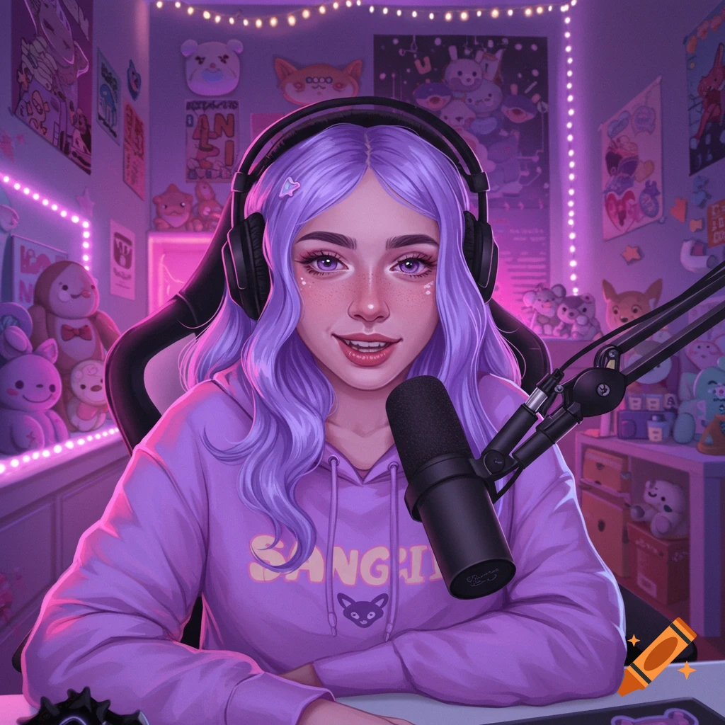 A purple-haired female streamer wearing headphones and a purple hoodie, sitting in a neon-lit room filled with stuffed animals, in an anime art style.