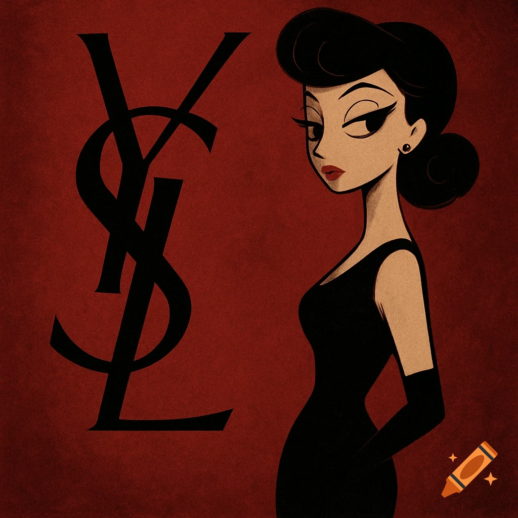A cartoon-style woman in a black dress next to a black YSL logo on a dark red background.