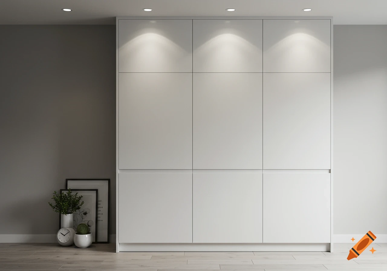 Modern white built-in cabinet with recessed lighting, light wood floor, gray wall, and decorative plants with a clock.