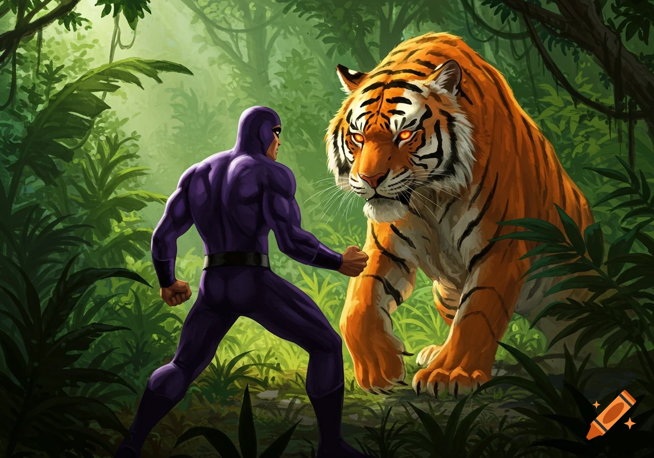 The Phantom, a superhero in a purple suit, confronts an angry tiger in a lush jungle, in a comic art style.