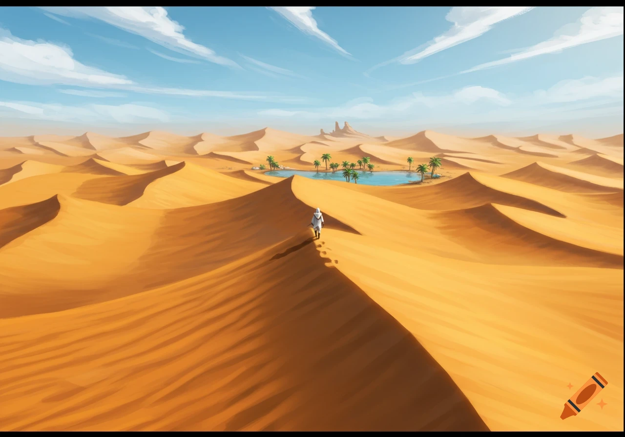 Illustrative painting: A lone person walks on a large sand dune towards a desert oasis with palm trees and a blue lake.