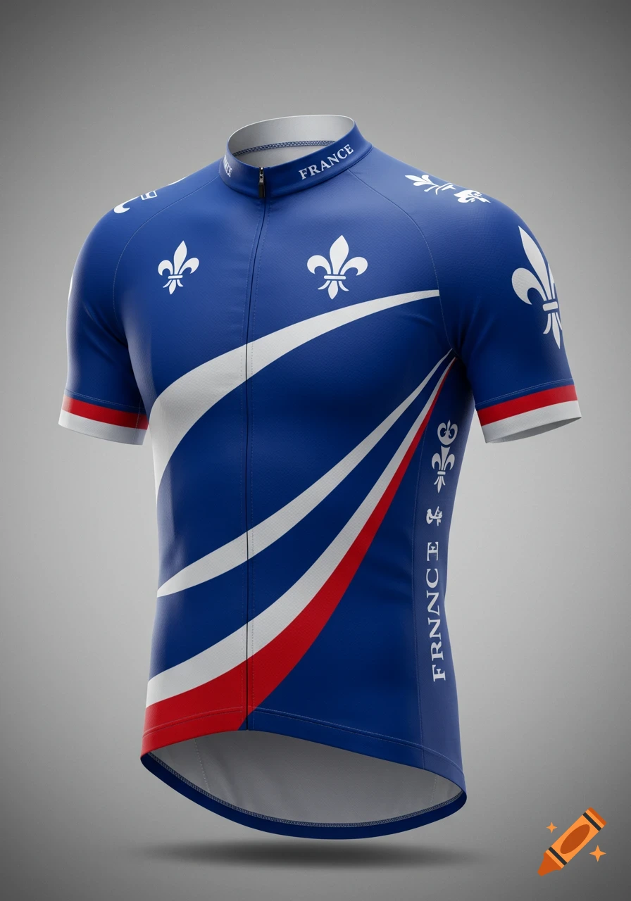 A blue cycling jersey with white and red stripes, featuring white fleur-de-lis symbols and 'FRANCE' text on the collar.
