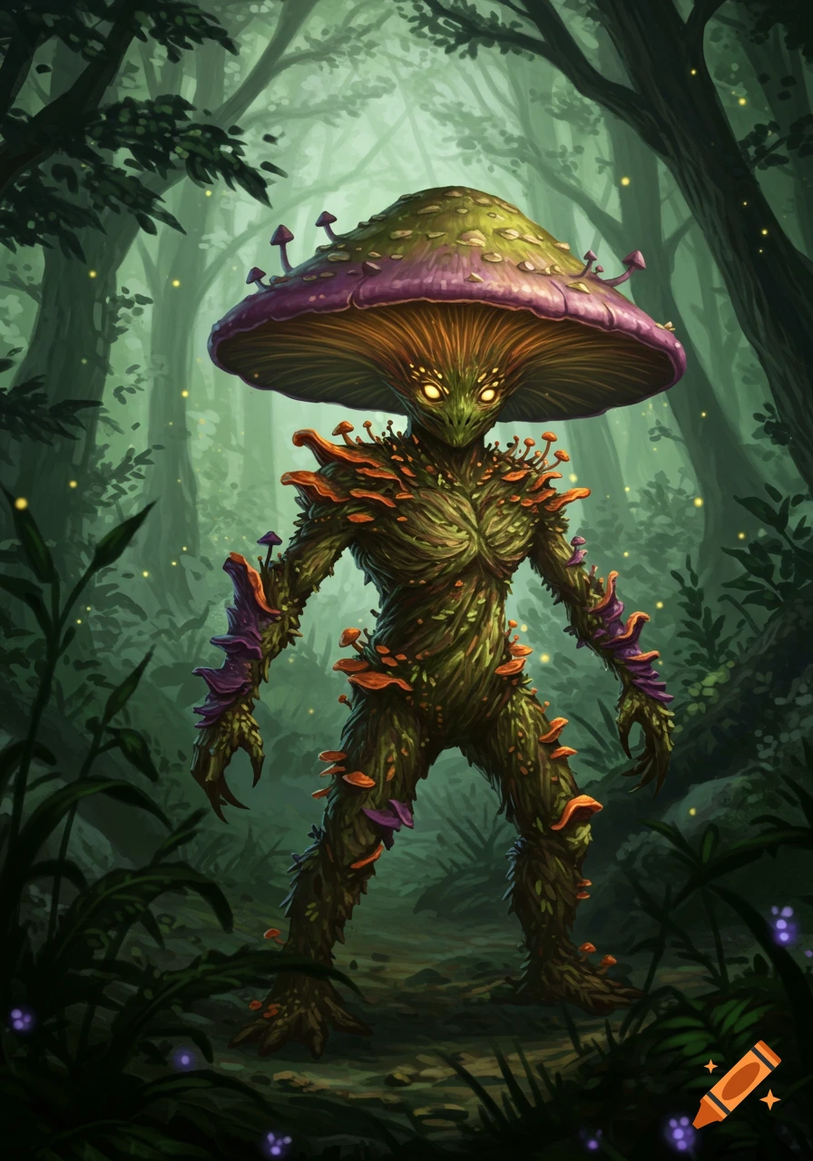 A green fungus creature with a large purple mushroom cap and glowing yellow eyes stands in a dark, misty forest with fireflies.