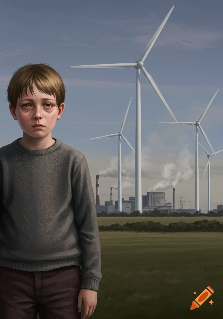 A sad-looking boy with dark circles under his eyes stands in a field. In the background are wind turbines and factories emitting smoke.