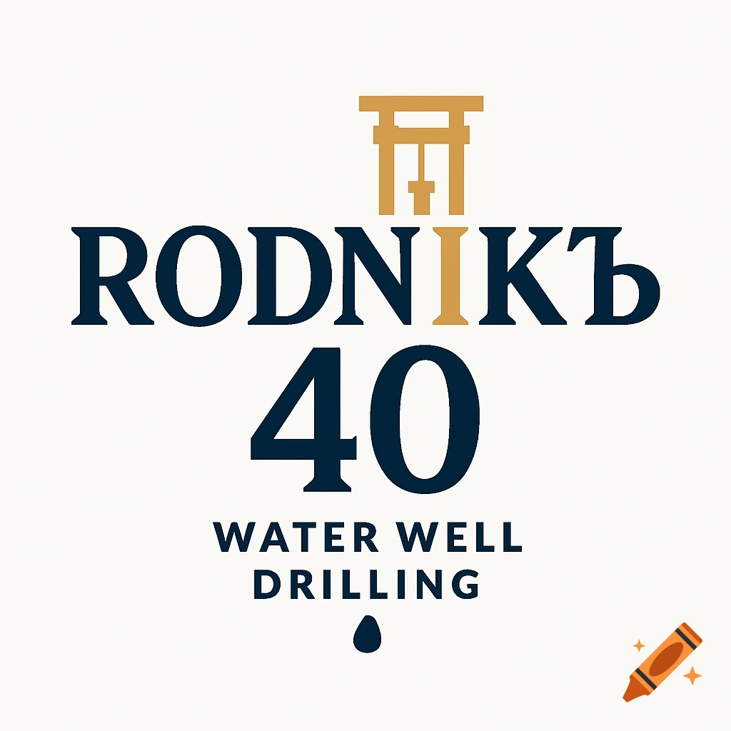 Minimalist navy blue and beige-gold logo for 'RODNIKЪ 40 Water Well Drilling' with a well symbol and water drop.